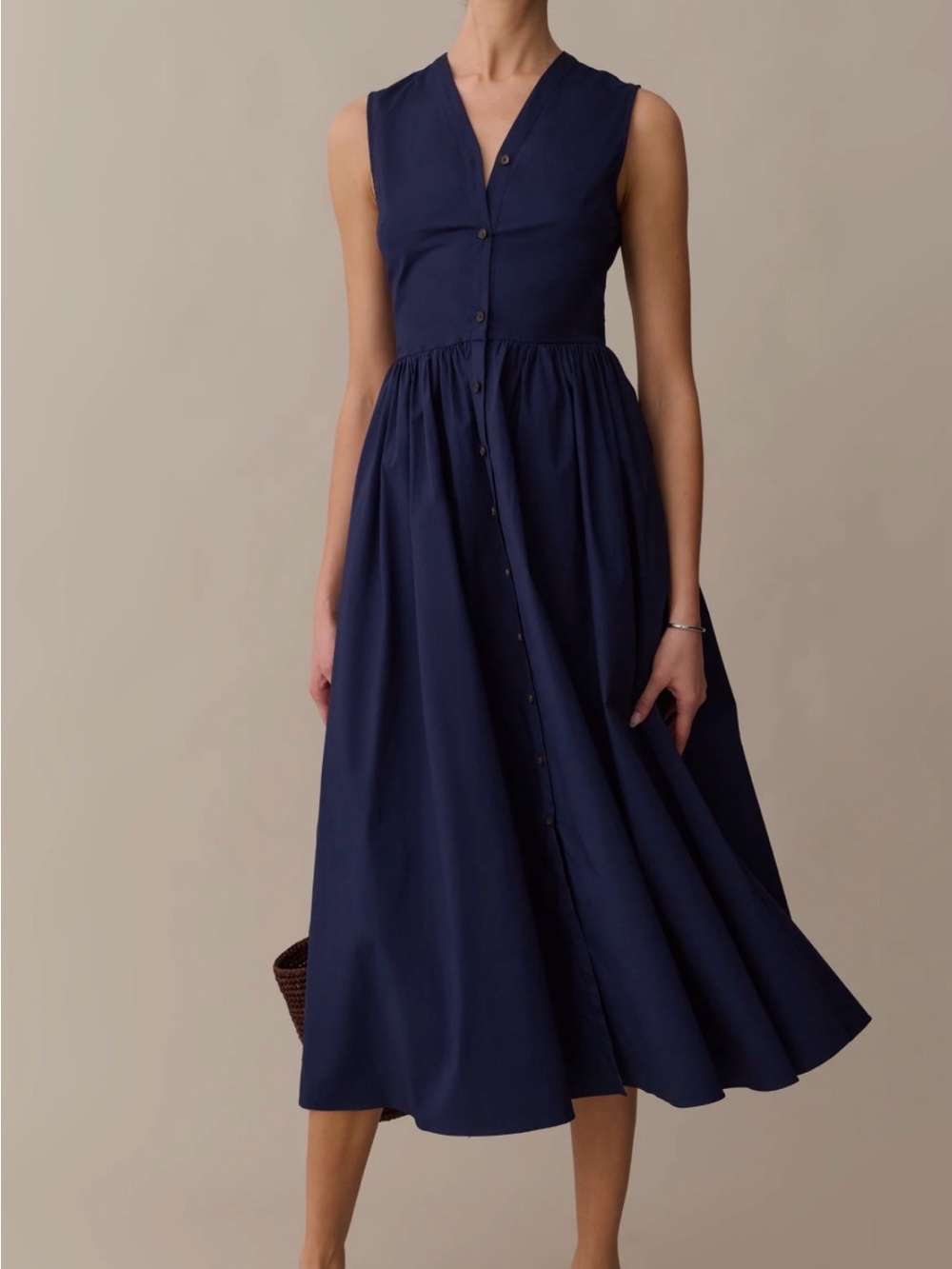 Sleeveless Button-Front Midi Dress in Navy